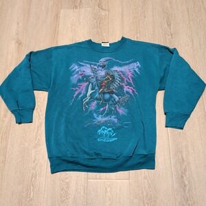 Vintage 90s Signal Sports Habitat XCII Native American Horse Sweatshirt Teal L